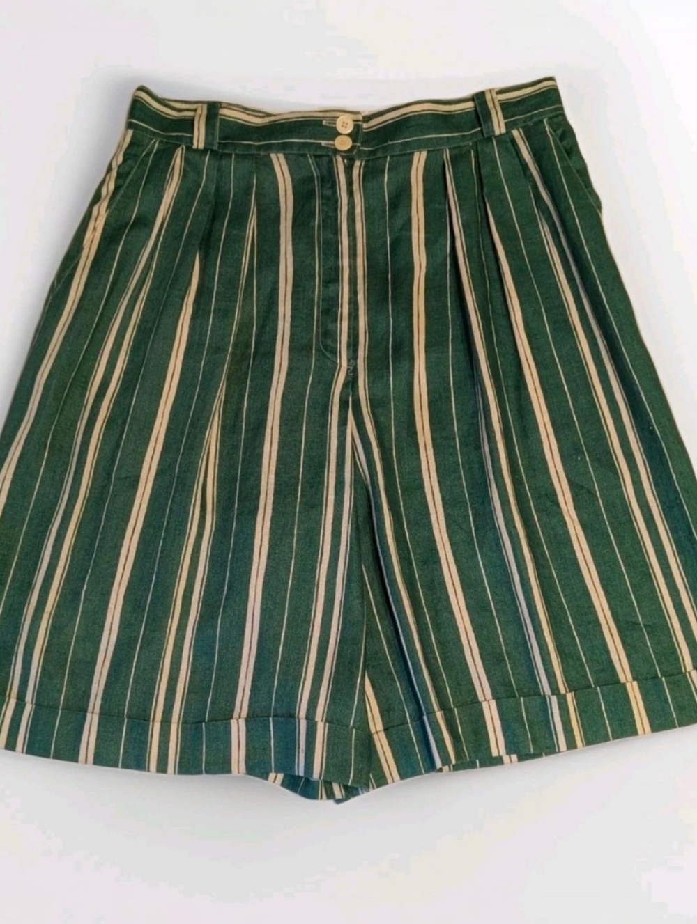 Vintage 80’s High Waist Walking Shorts Jorts 100% Linen Striped Green Ivory 12
